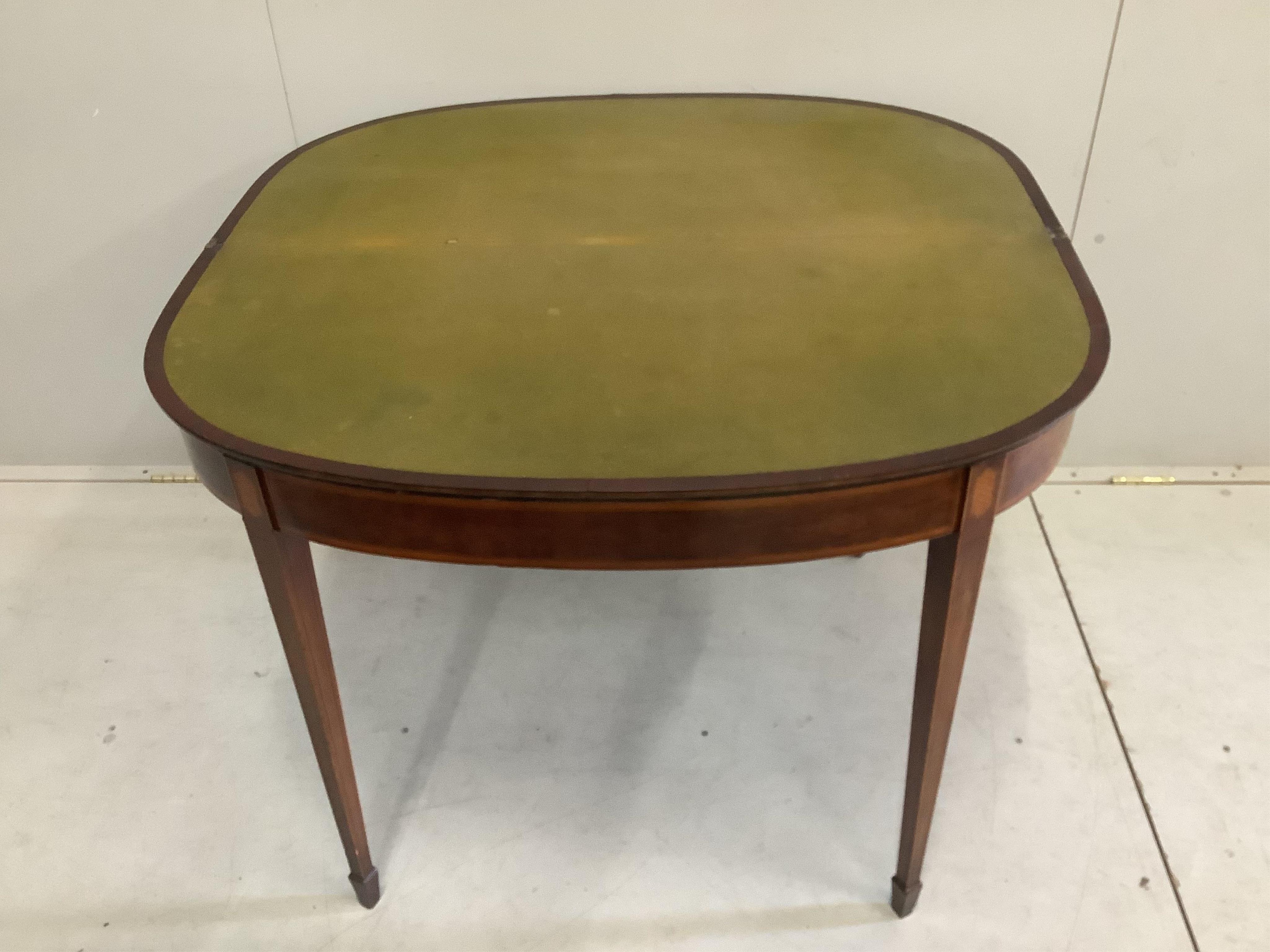 A George III banded mahogany D shaped folding card table, width 99cm, depth 48cm, height 73cm. Condition - poor to fair